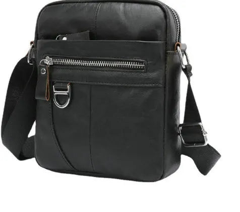 Black genuine leather messenger bag for boys with retro styling and crossbody strap