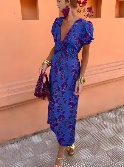 Green floral print V-neck short-sleeved polyester dress, mid-length one-step skirt, sizes S-3XL for women