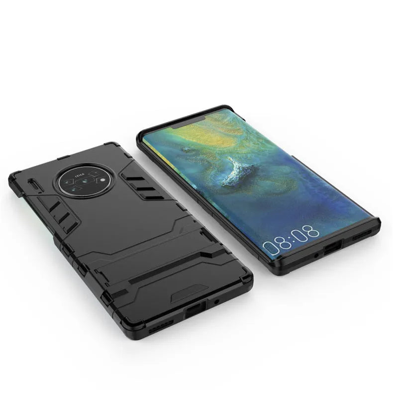 Drop-resistant TPU PC protective phone case with bracket for Huawei models in pure black colour