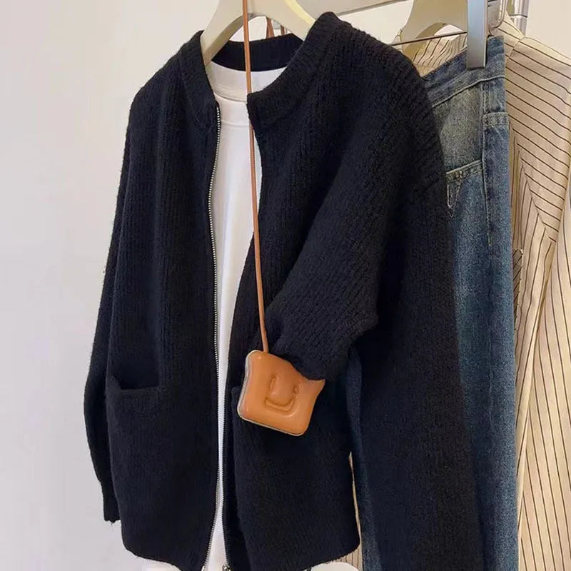Beige viscose knit cardigan for women with long sleeves, shown open as a layer.