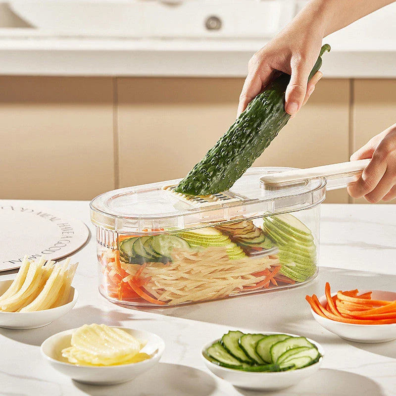 Versatile vegetable chopper with interchangeable blades, built-in container, and cleaning brush for easy meal prep