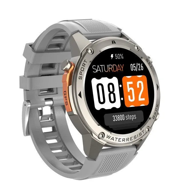 Black smart watch with AMOLED screen showing outdoor compass and heart rate data on wrist