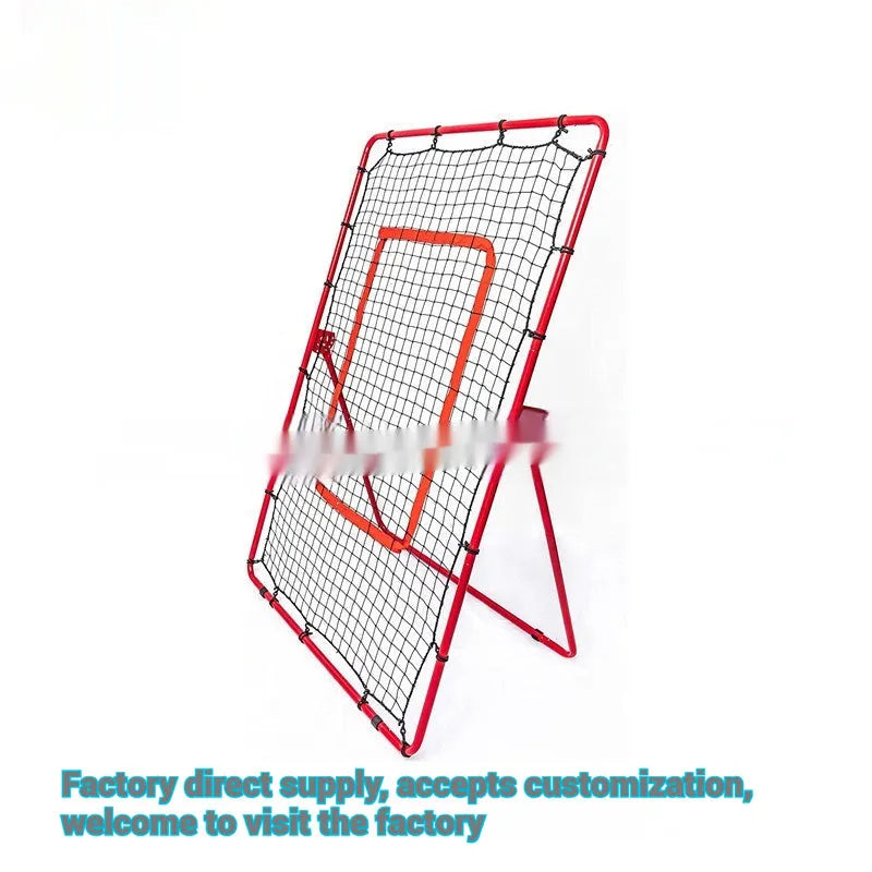 Red 4x6FT portable baseball training net with adjustable metal frame set up on grass.