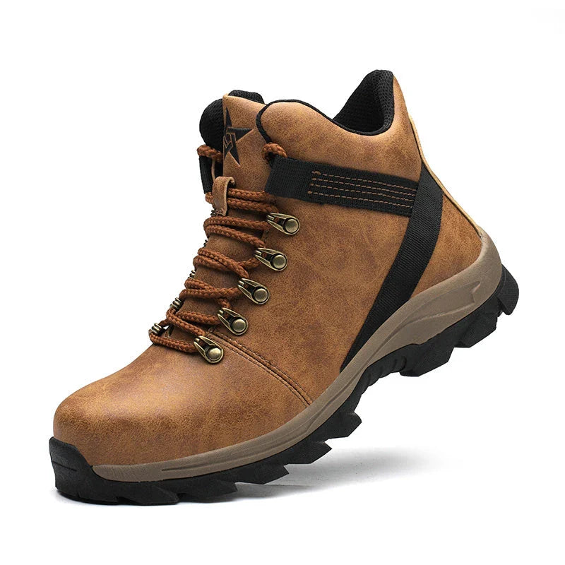 Durable steel toe construction boots for men with puncture-proof design, breathable mesh lining, and shock-absorbing sole