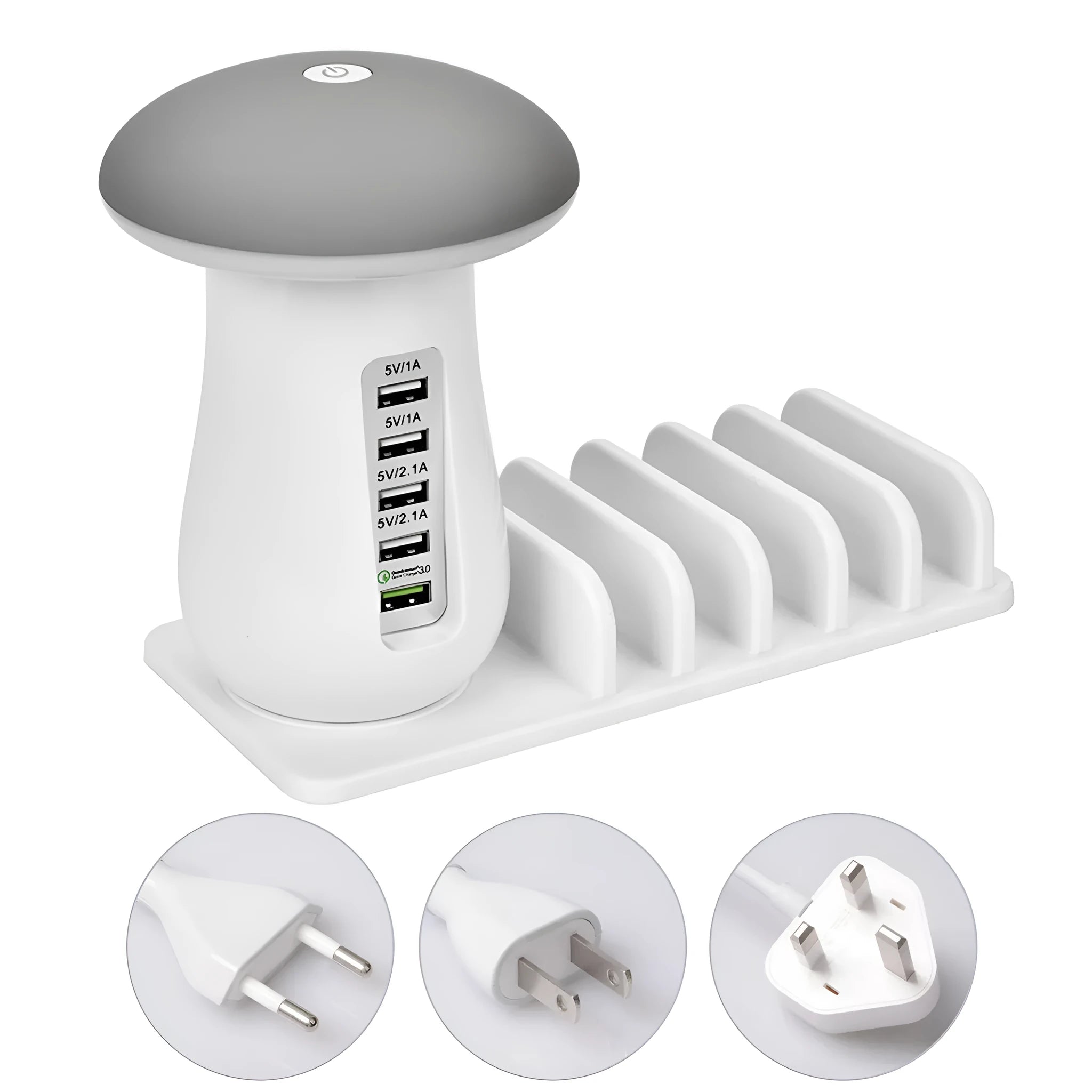 White mushroom-shaped 5-port USB charging dock station with glowing LED night lamp on a desk