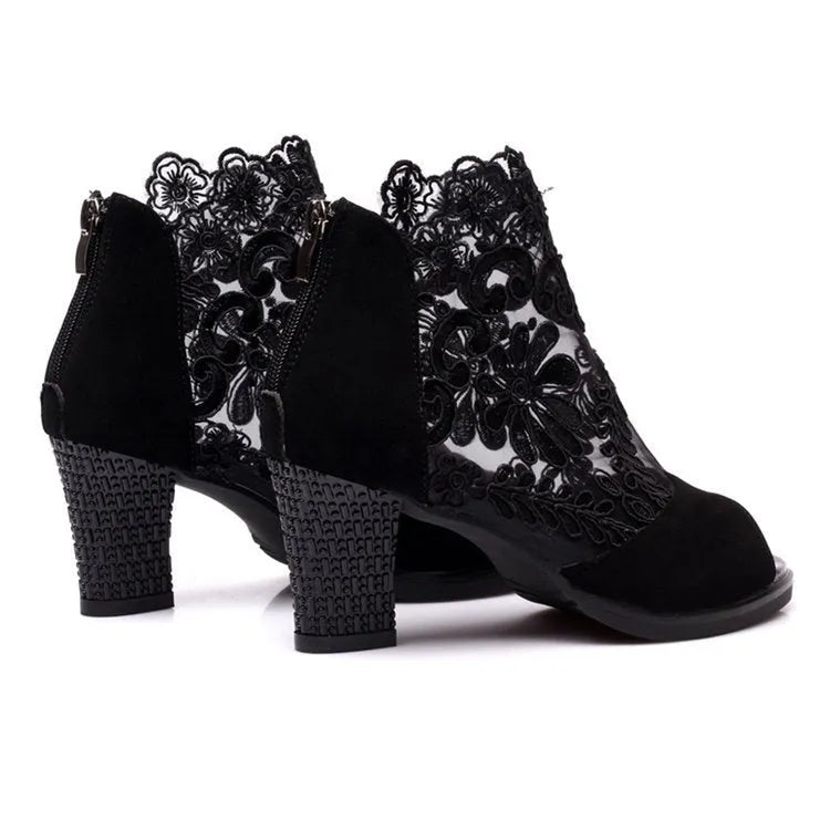 Women's black lace gladiator sandals with square high heel and zip closure side view
