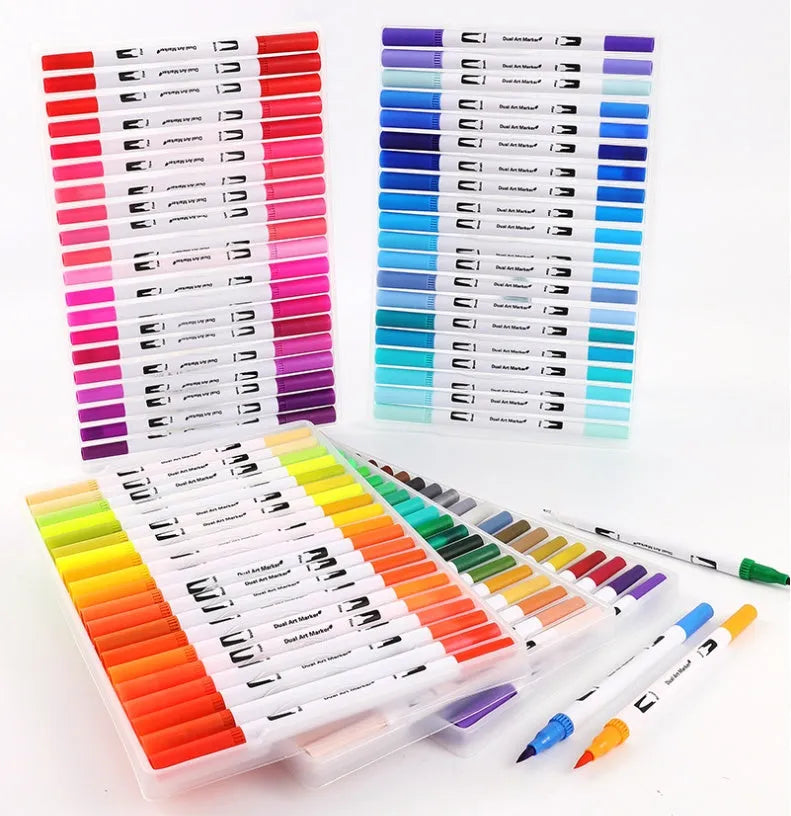 Set of artist watercolour pens with brush tips arranged by colour, showcasing vivid inks.