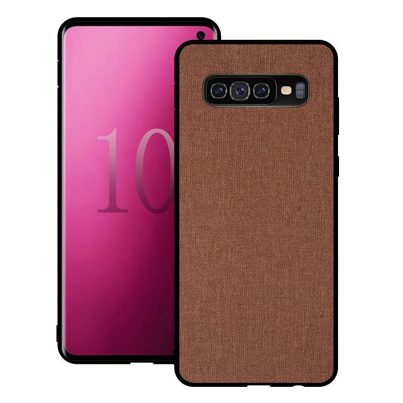 Canvas phone case for Samsung Galaxy in six colour options: black, blue, brown, grey, pink, and red.