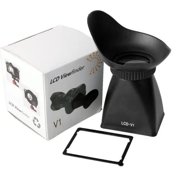 Black camera LCD viewfinder with magnification lens and magnetic mount for DSLR and mirrorless cameras.