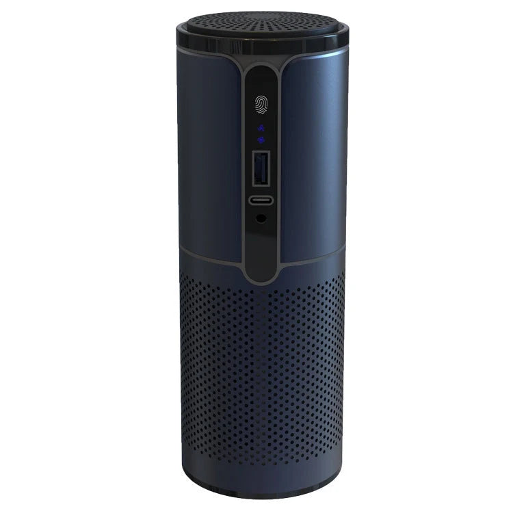 Compact car air purifier in black, reducing allergens with HEPA technology