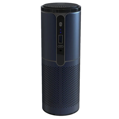 Compact car air purifier in black, reducing allergens with HEPA technology