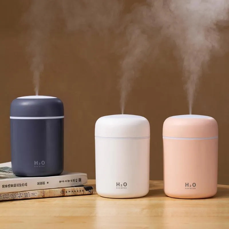Pink USB desktop humidifier with colourful lights and 300ml water tank