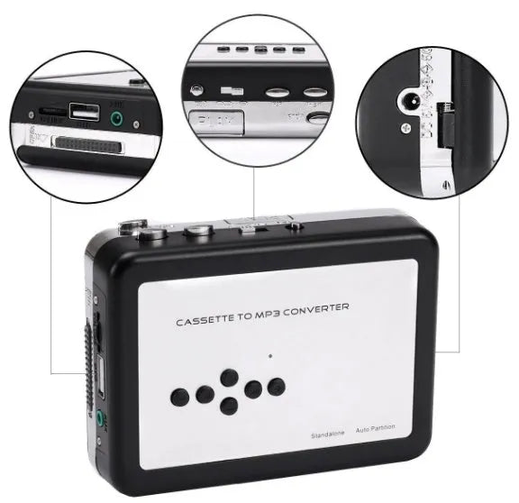 White USB Cassette to MP3 Converter with earphone and USB cable on desk