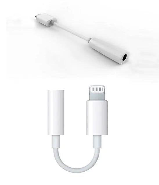 White Lightning to 3.5mm audio adapter cable on a dark background, showing both connectors.