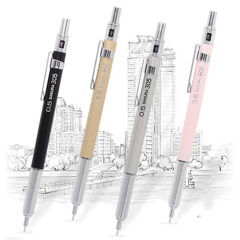 Japanese cherry metal mechanical pencil in gold, silver, black, or pink with 0.5mm or 0.3mm lead size