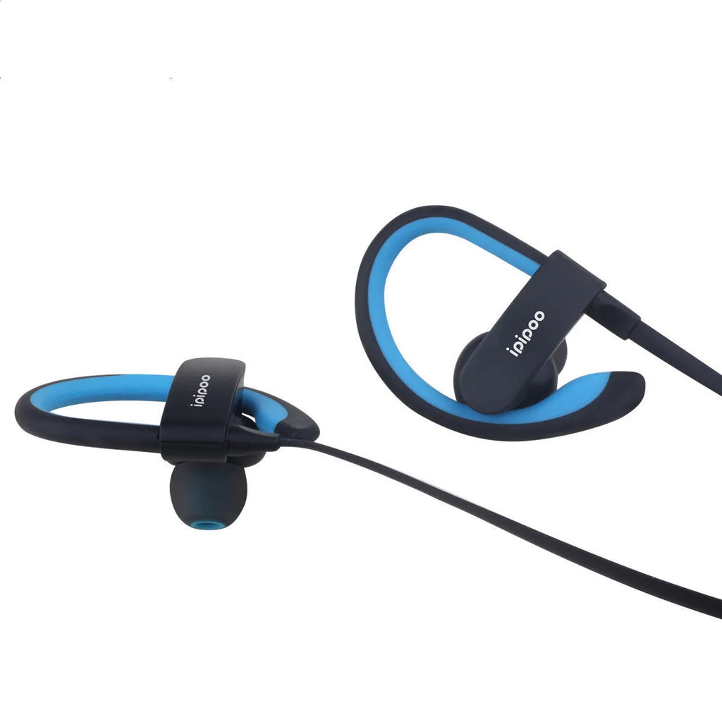 Blue wireless sports headphones with earplug design shown from the side.