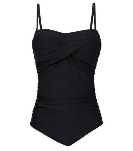 Women's plus-size one-piece swimsuit with open back and steel belt in black, green, and wave point colours