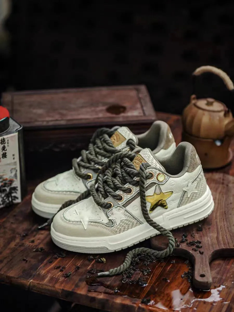 West Lake dragon well tea coloured leather platform running shoes with 3cm heel and lace-up front