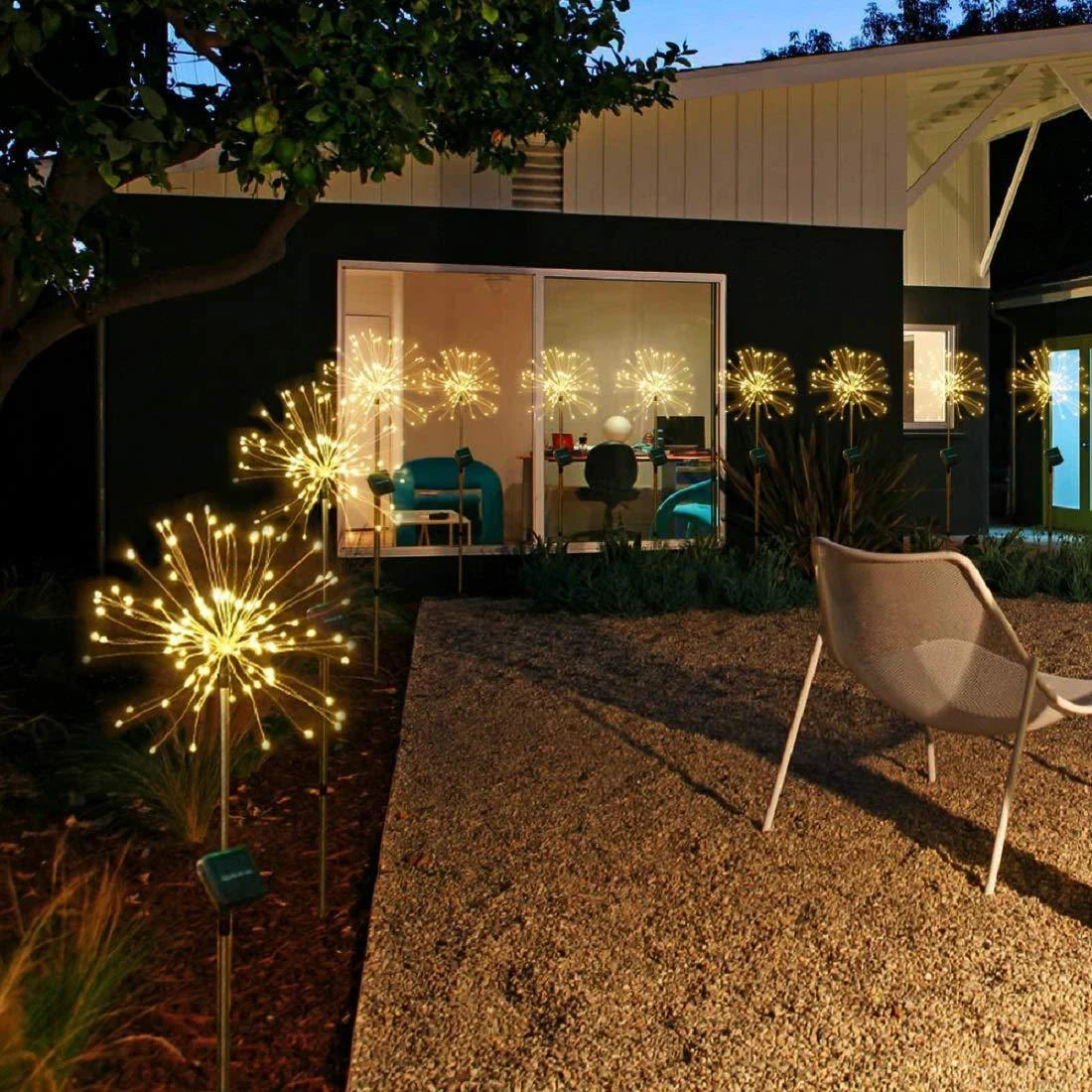 Solar-powered string lights with fireworks-inspired lighting effects, perfect for outdoor gardens, patios, and parties