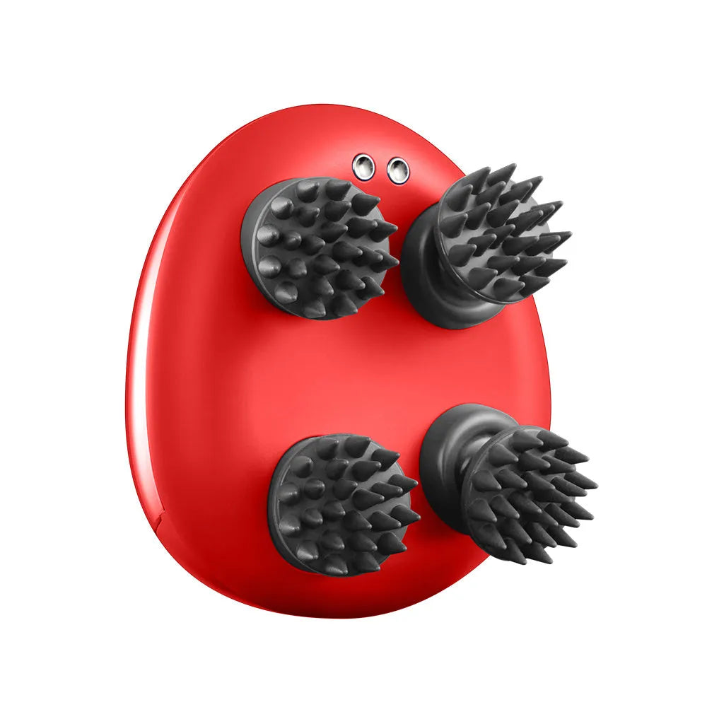 Red DC5V electric scalp massager showing compact 110x120x82mm design