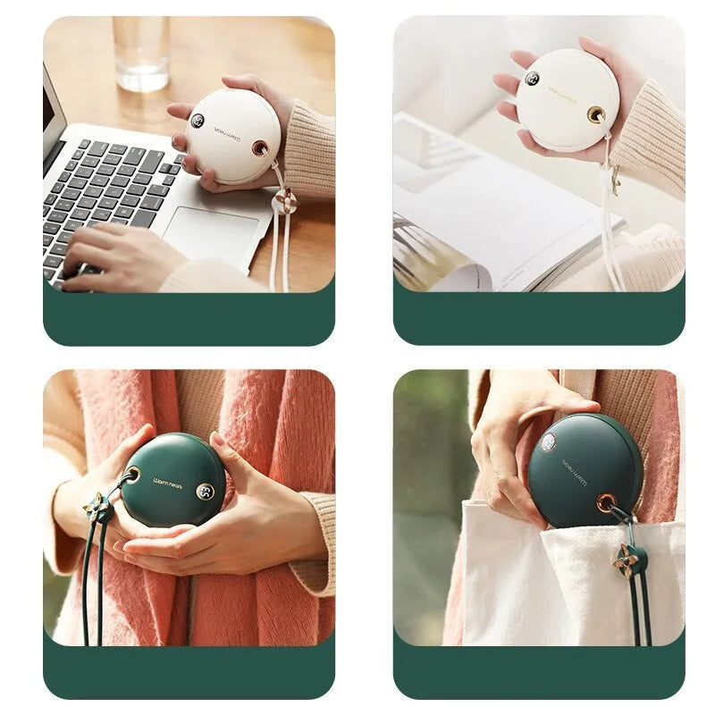 Green hand warmer power bank with digital display showing battery percentage