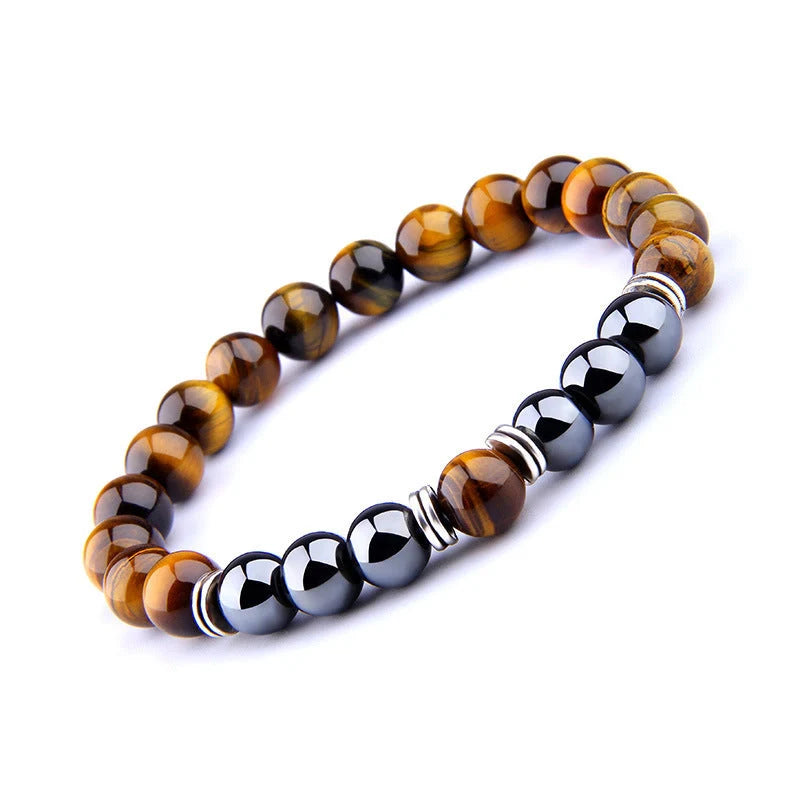 Yellow Tiger Eye Bracelet with obsidian alloy separators, elastic design for comfort
