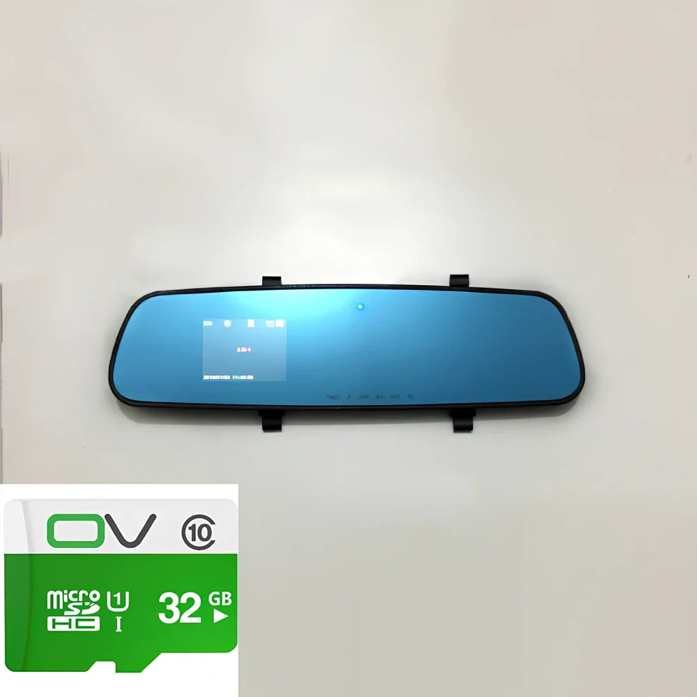 1080P HD rearview mirror driving recorder with 30cm x 8cm size, dual lenses, and motion detection display