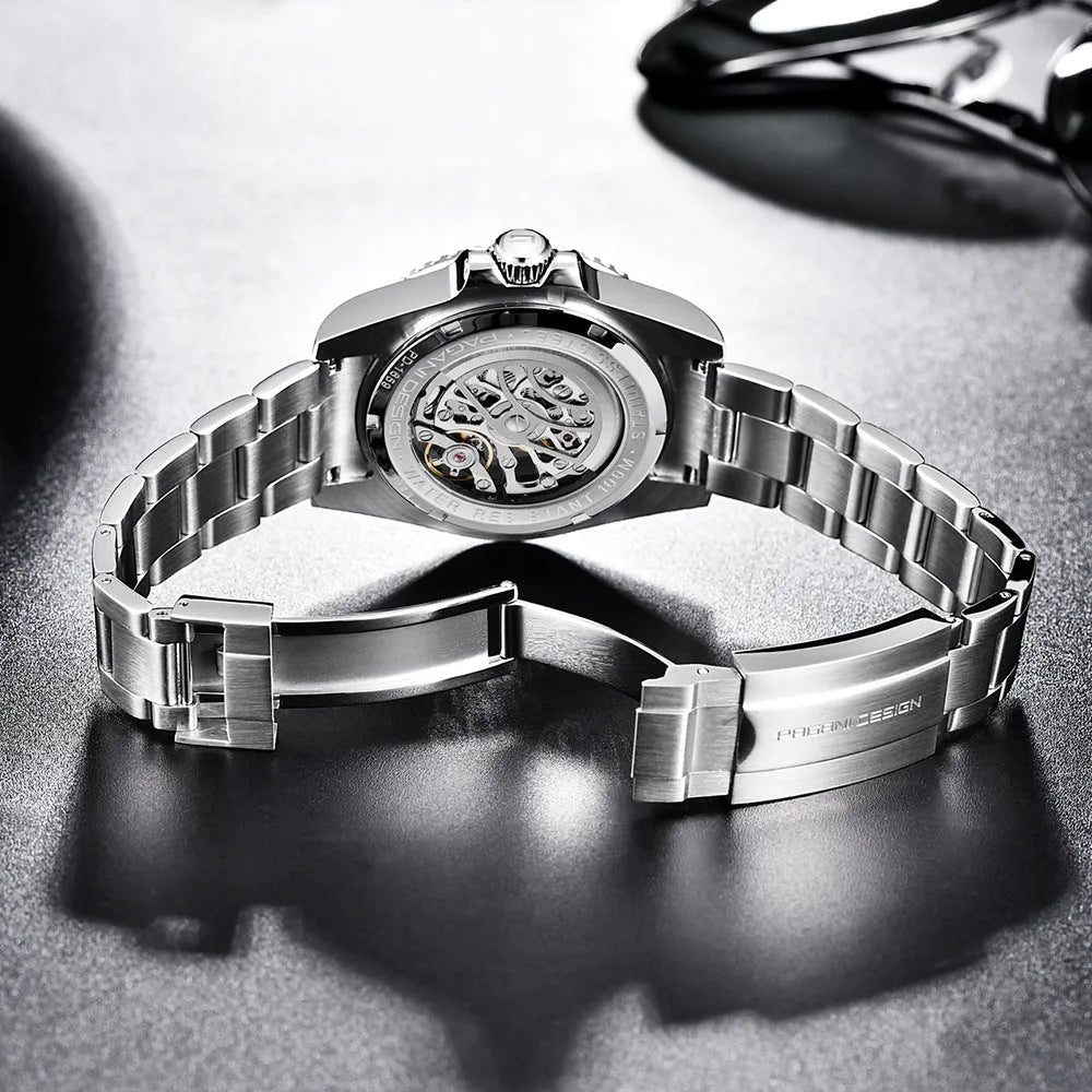 PAGANI steel band mechanical watch with luminous dial showing 43mm diameter