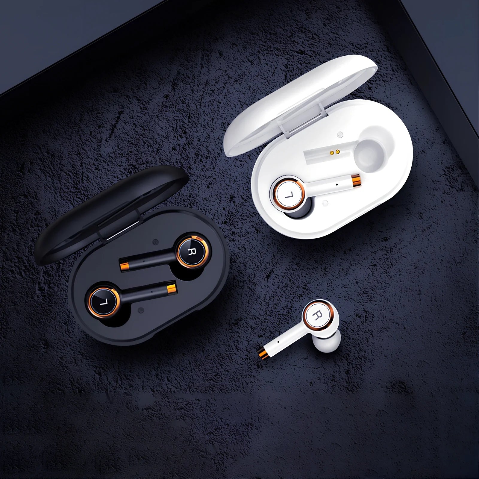 Smart noise cancelling wireless headphones in black with charging case and silicone ear tips