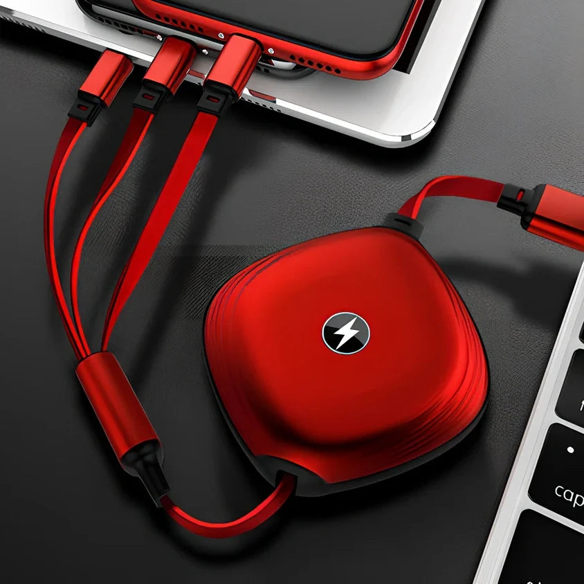 Black 3-in-1 telescopic charging cable extended to 120cm with three titanium alloy connectors for multi-device use