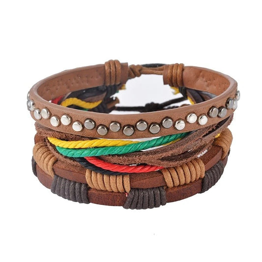 Adjustable leather bracelet with multilayer bead design for men and women