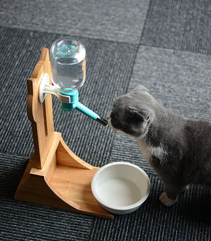 Cat drinking water dispenser with bamboo holder, 300ml capacity, Gray colour option
