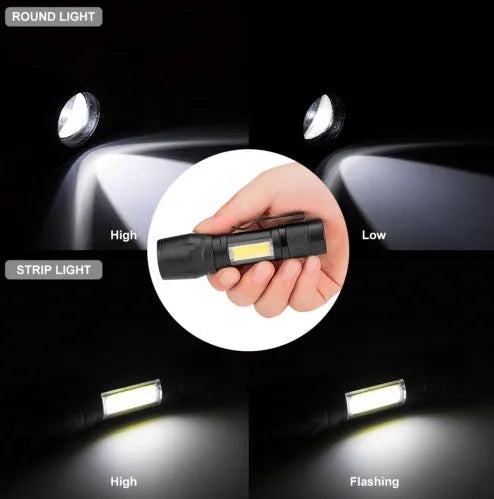 Black aluminium alloy mini telescopic LED flashlight with pocket clip, shown extended and retracted.