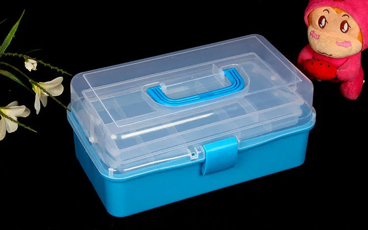 Large 2-layer transparent PP plastic storage box with foldable design, containing medicines and cosmetics