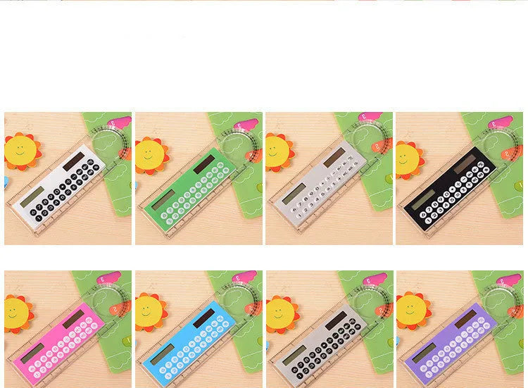 Solar powered mini ruler calculator with transparent touchscreen screen and 8-digit display on a white background
