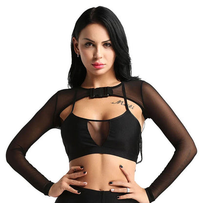 Women's mesh crop top with button front in green and black