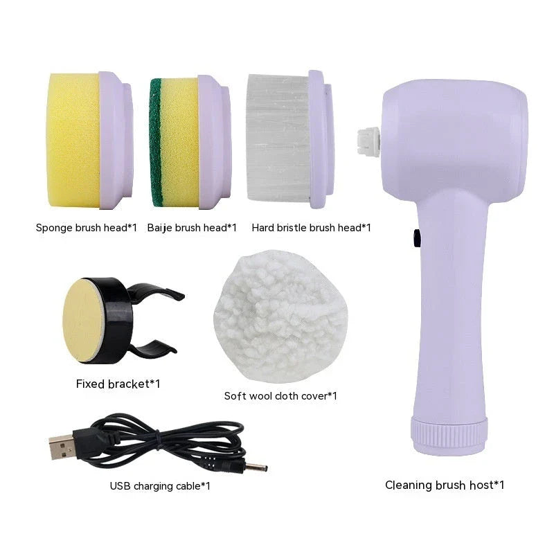 Rechargeable Electric Spin Scrub Brush with 4 interchangeable brush heads for efficient cleaning of tiles, porcelain, stainless steel, and more