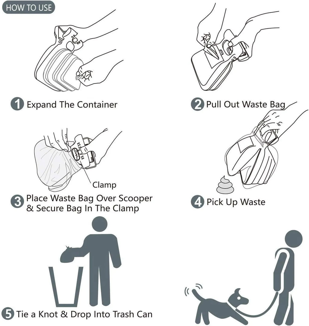 Blue handheld dog pooper scooper with attached bag dispenser and carabiner clip on a leash.