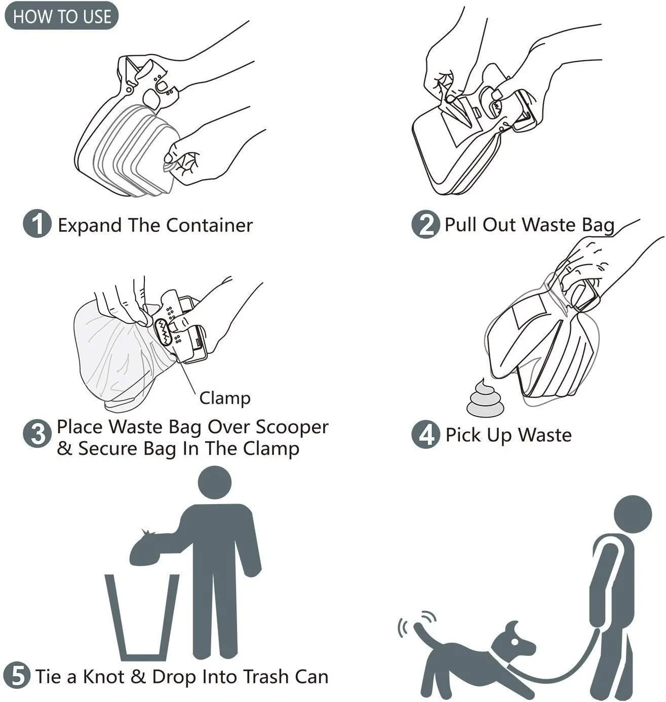 Blue handheld dog pooper scooper with attached bag dispenser and carabiner clip on a leash.