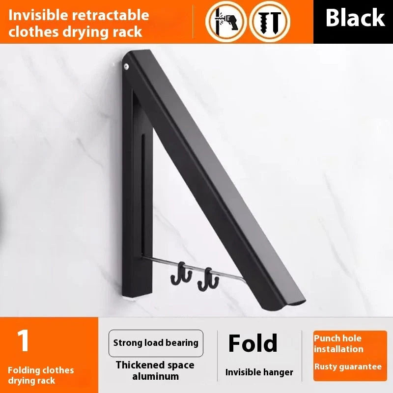 Space-saving aluminum foldable wall hanger in silver and black, perfect for hanging clothes and towels