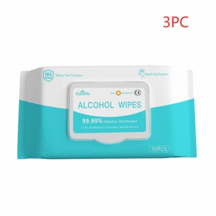50PCS alcohol wipes for effective disinfection, measuring 180mm x 150mm