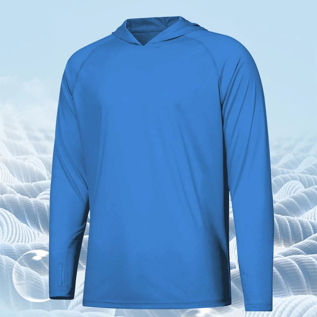 Outdoor UV protection long sleeve hooded top in polyester fabric available in multiple colours
