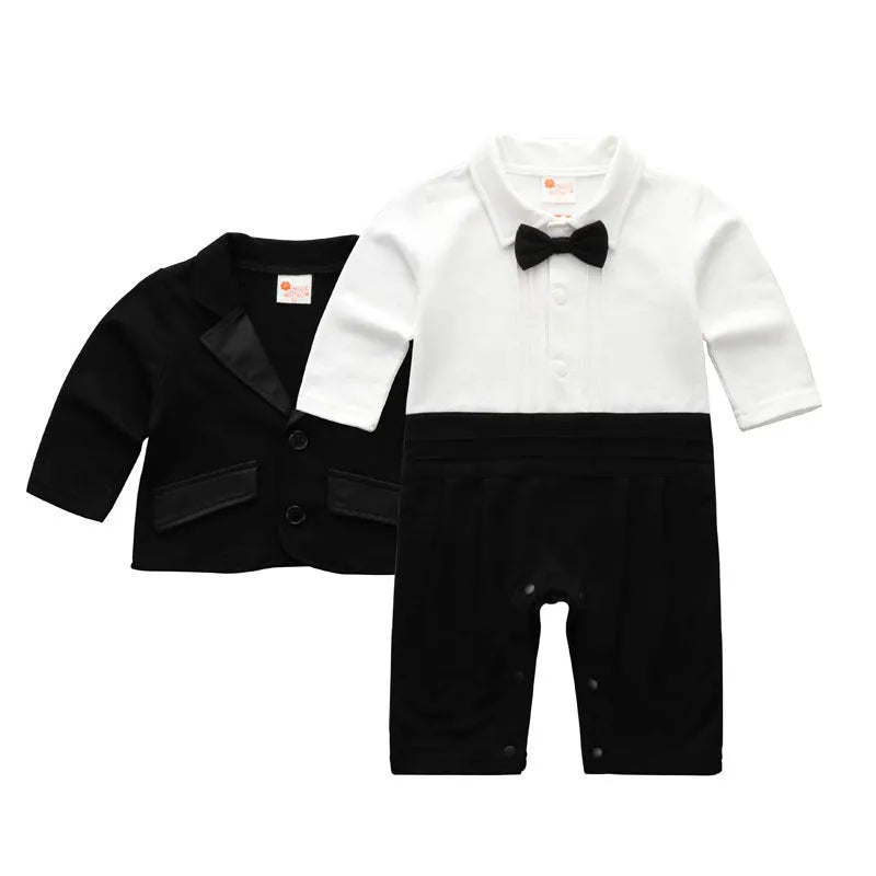Baby boy gentleman dress long sleeve suit in black cotton fabric on white background