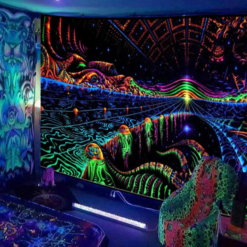 Fluorescent woven polyester tapestry with landscape pattern, rectangular shape, available in multiple colours and sizes