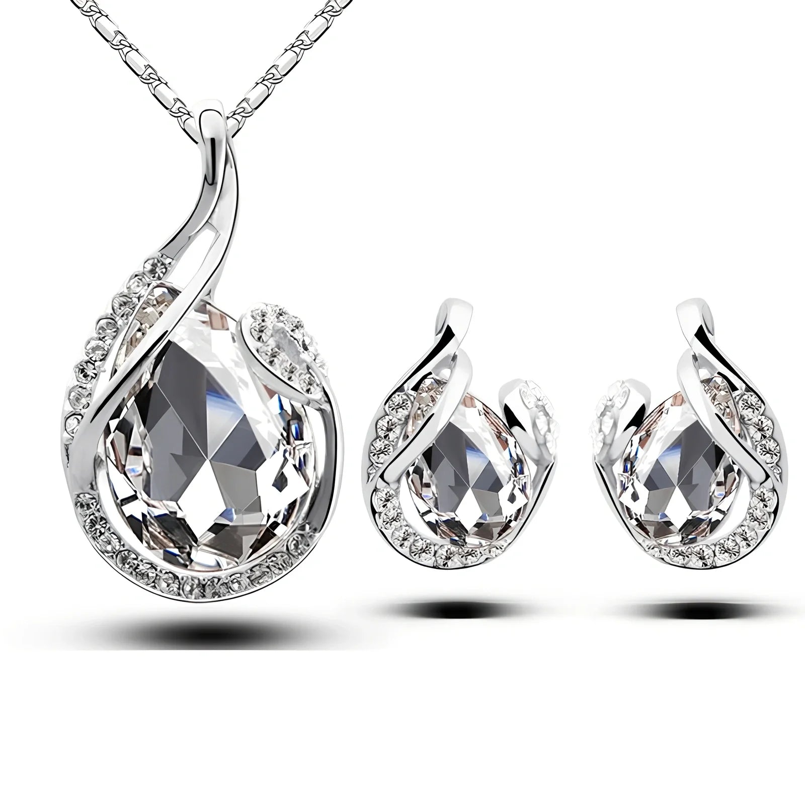 3-piece water-drop rhinestone necklace set with adjustable 21-50cm chain and matching stud earrings in blue, electroplated alloy for women's fashion
