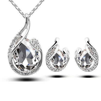 3-piece water-drop rhinestone necklace set with adjustable 21-50cm chain and matching stud earrings in blue, electroplated alloy for women's fashion