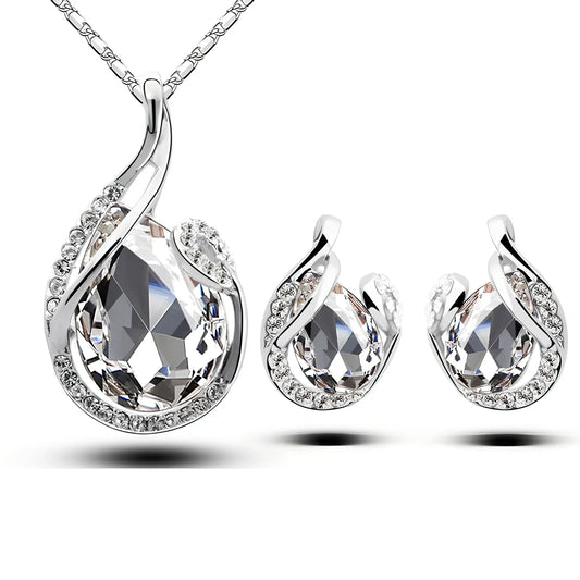 3-piece water-drop rhinestone necklace set with adjustable 21-50cm chain and matching stud earrings in blue, electroplated alloy for women's fashion