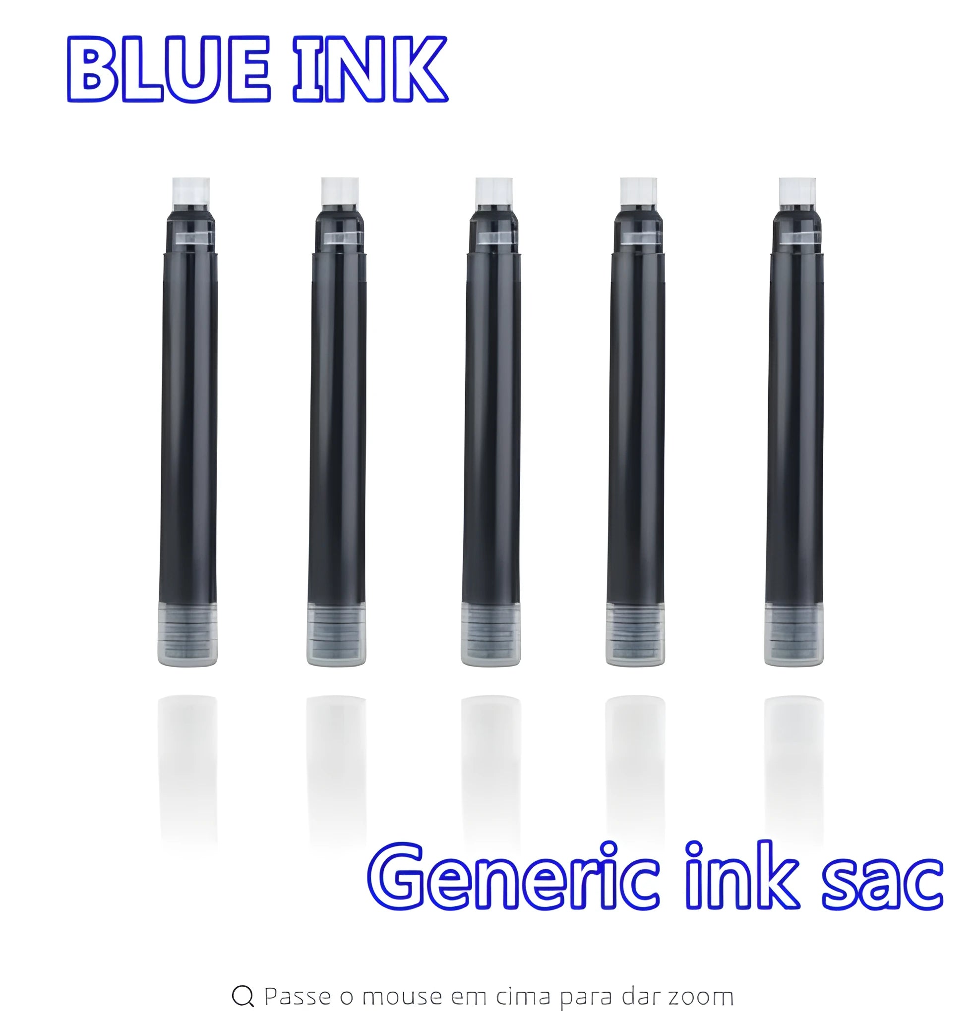 Set of 10 steel ink sac converters for fountain pens next to bottled ink