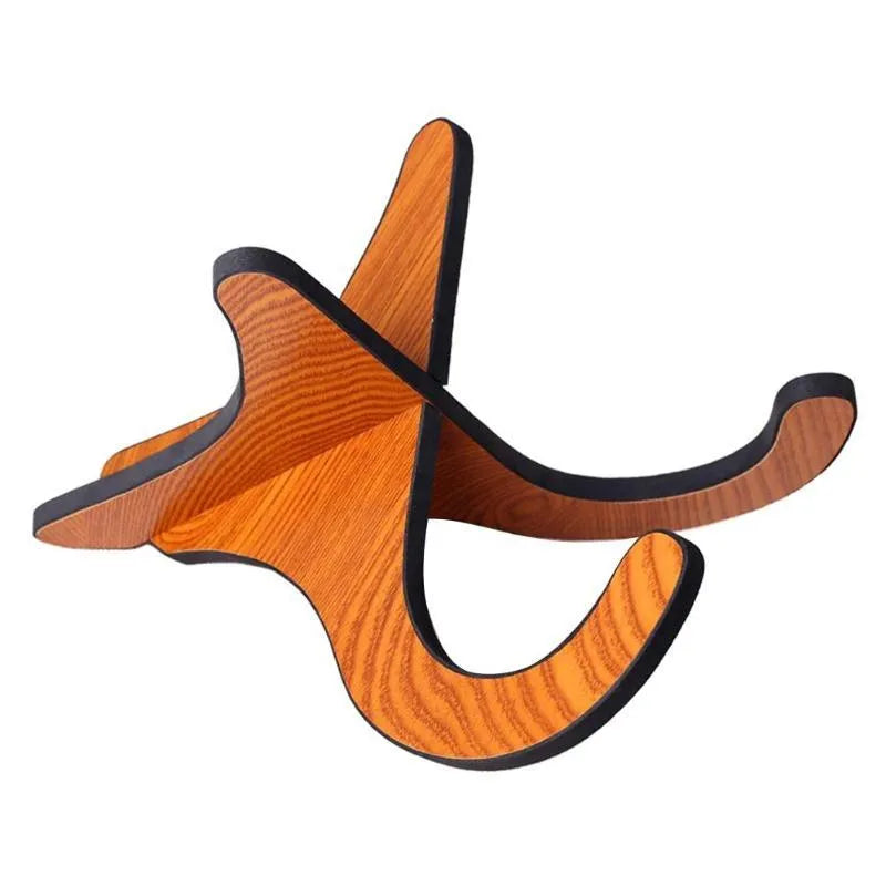 Brown wood folding ukulele stand with EVA padding, suitable for 21 23 26 inch ukuleles