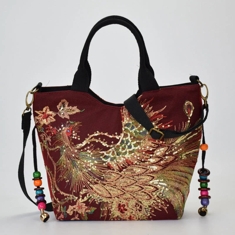 Canvas peacock embroidery small handbag with detachable strap in various colours